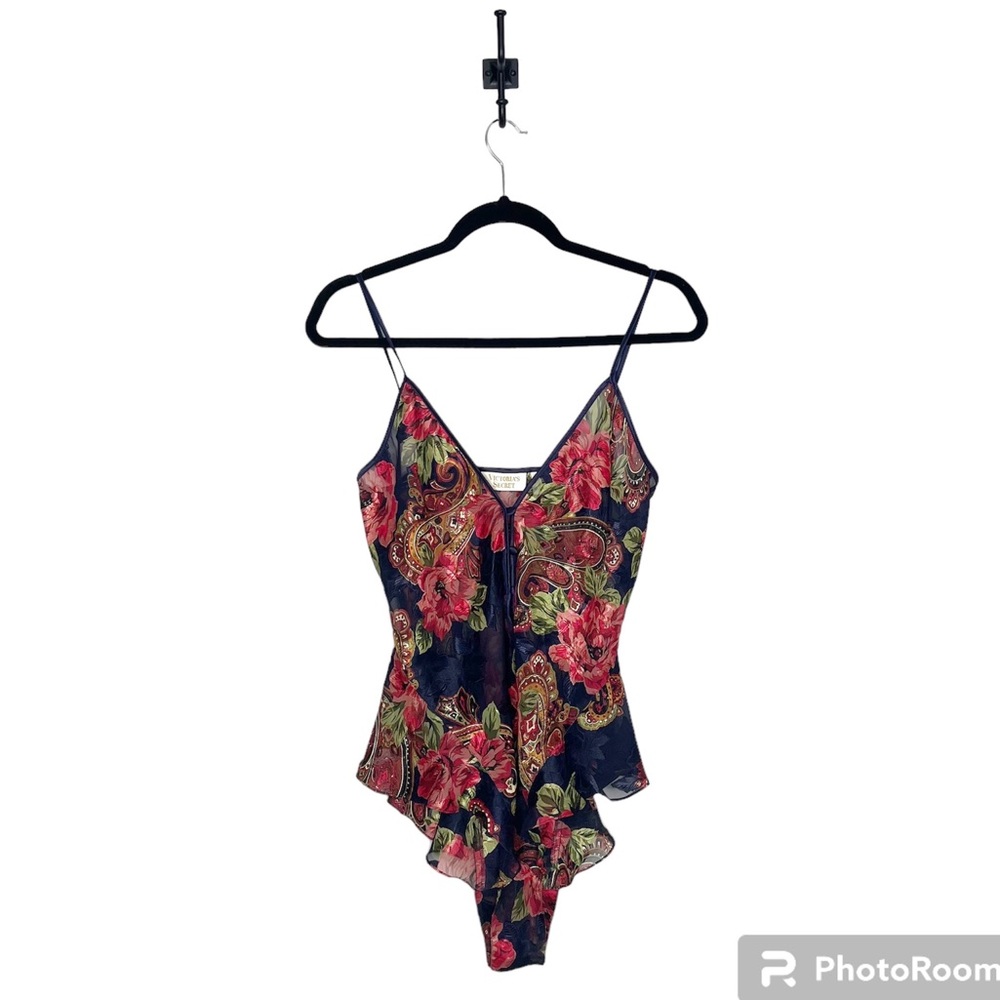Victoria’s Secret Vintage Gold Label Teddy Navy Floral Sheer ￼Lingerie Medium
